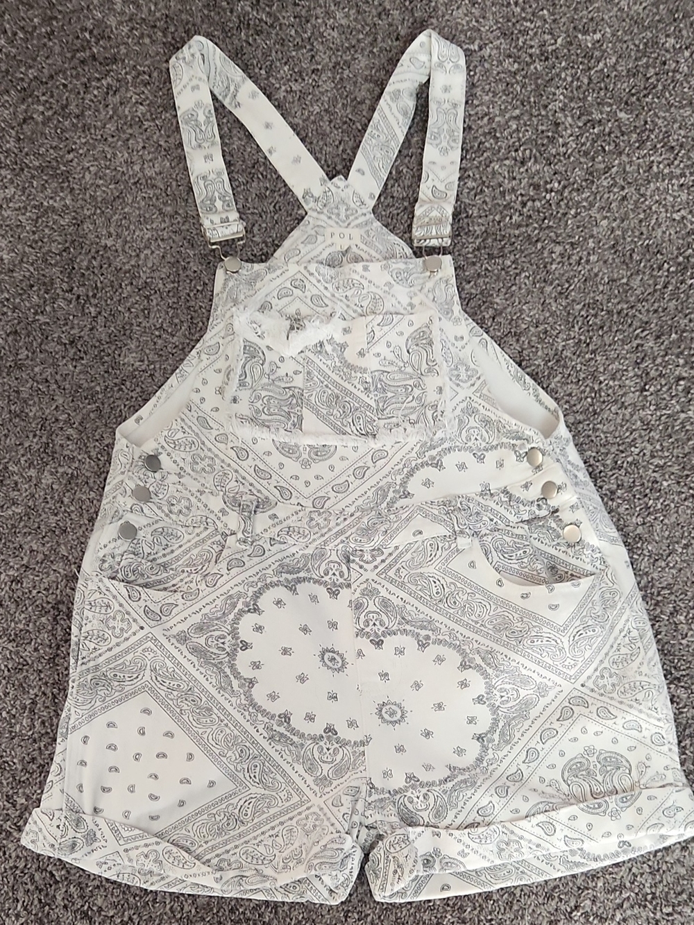 POL White and Black Bandana Print Short Overalls